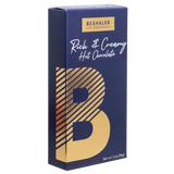 Royal blue 3oz. box of rich & creamy hot chocolate with gold foil lettering.