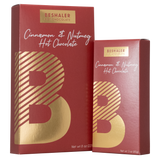 Red box with gold foil print of 3oz. and 8oz. cinnamon & nutmeg hot chocolate.
