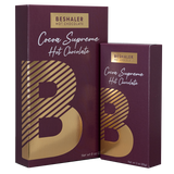 Plum colored with gold foil 3oz. and 8oz. boxes of dark hot chocolate.