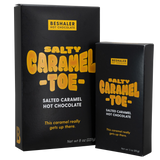 Black and yellow 8oz. and 3oz. boxes of salted caramel hot chocolate.