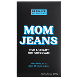 Black box of 8oz. rich & creamy hot chocolate called Mom Jeans.