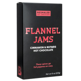 Black 8oz. box of cinnamon & nutmeg hot chocolate with red lettering.