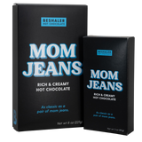 Black box of 8oz and 3oz rich & creamy hot chocolate called Mom Jeans.
