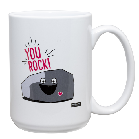 White 15oz. ceramic drinking mug with the saying "You Rock."