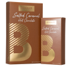 Brown colored 8oz. and 3oz. boxes of salted caramel hot chocolate with gold foil lettering.