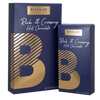 Royal blue 8oz. and 3oz. boxes of rich & creamy hot chocolate with gold foil lettering.