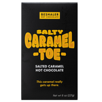 Black and yellow 8oz. box salted caramel hot chocolate named Salty Caramel Toe.