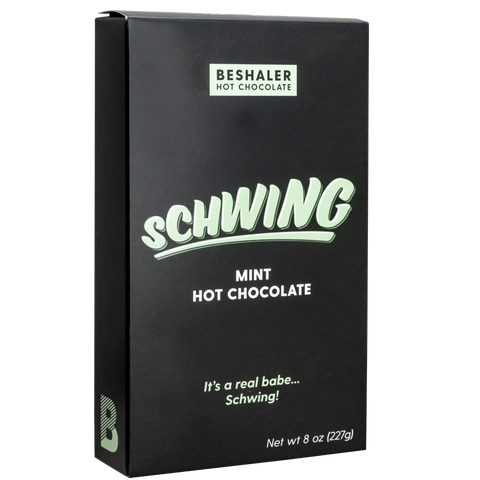 Black and green 8oz. box of mint flavored hot chocolate called Schwing.