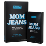 Black box of 8oz and 3oz rich & creamy hot chocolate called Mom Jeans.