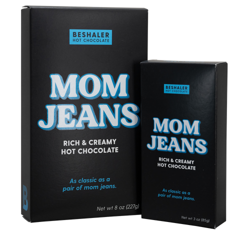 Black box of 8oz and 3oz rich & creamy hot chocolate called Mom Jeans.